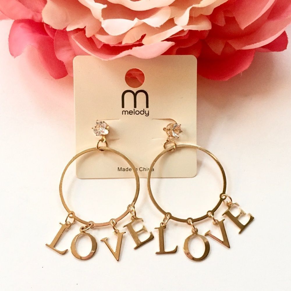 Gold Tone Hoops L.O.V.E. Charm Dangles CZ Gems NWT